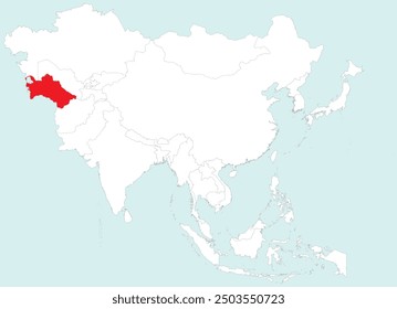 Highlighted map of TURKMENISTAN inside detailed blank flat political map of the Asian continent on isolated background