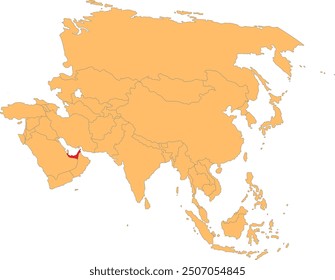 Highlighted map of UNITED ARAB EMIRATES inside detailed blank flat political map of the Asian continent on isolated background