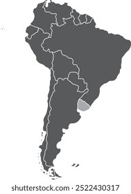 Mapa em destaque de URUGUAI dentro de detalhado mapa em branco plano político do continente sul (latino)-americano sobre fundo isolado