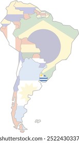 Mapa em destaque de URUGUAI dentro de detalhado mapa em branco plano político do continente sul (latino)-americano sobre fundo isolado