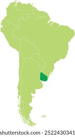 Mapa em destaque de URUGUAI dentro de detalhado mapa em branco plano político do continente sul (latino)-americano sobre fundo isolado