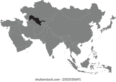 Highlighted map of UZBEKISTAN inside detailed blank flat political map of the Asian continent on isolated background