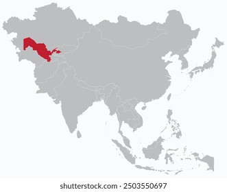 Mapa resaltado de UZBEKISTÁN dentro de mapa político plano en blanco detallado del continente asiático sobre fondo aislado