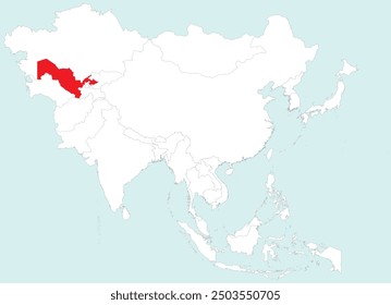 Highlighted map of UZBEKISTAN inside detailed blank flat political map of the Asian continent on isolated background