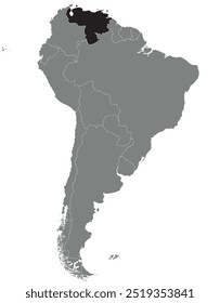 Mapa em destaque de VENEZUELA dentro de detalhado mapa em branco plano político do continente sul (latino)-americano sobre fundo isolado