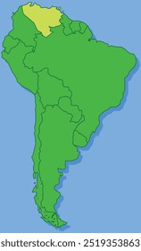 Mapa em destaque de VENEZUELA dentro de detalhado mapa em branco plano político do continente sul (latino)-americano sobre fundo isolado