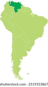 Mapa em destaque de VENEZUELA dentro de detalhado mapa em branco plano político do continente sul (latino)-americano sobre fundo isolado