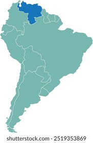 Mapa em destaque de VENEZUELA dentro de detalhado mapa em branco plano político do continente sul (latino)-americano sobre fundo isolado