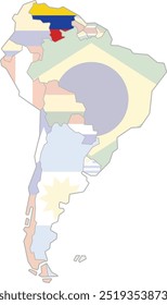 Highlighted map of VENEZUELA inside detailed blank flat political map of South (Latin) American continent on isolated background