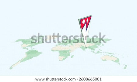 Highlighted Nepal on Global Map with 3D Flag Location Pin of Nepal. The image symbolizes travel, geography, international identity, and global navigation.