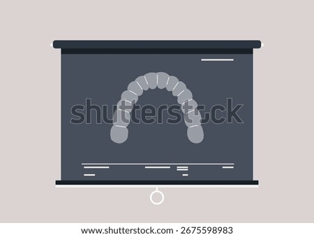 Highlighted on a display board is a detailed x ray showing clear aligners designed for straightening teeth, This presentation emphasizes the intricate process of orthodontic correction