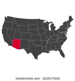 Highlighted red Arizona map on the dark grey high detailed USA map isolated on the white background