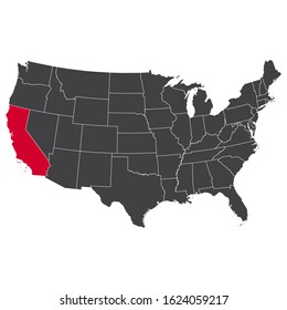 Highlighted red California map on the dark grey high detailed USA map isolated on the white background