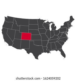 Highlighted red Colorado map on the dark grey high detailed USA map isolated on the white background