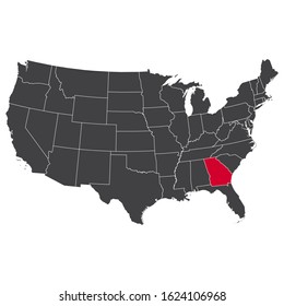 Highlighted red Georgia map on the dark grey high detailed USA map isolated on the white background