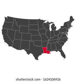 Highlighted red Louisiana map on the dark grey high detailed USA map isolated on the white background