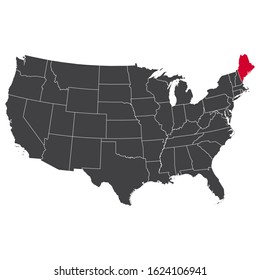 Highlighted red Maine map on the dark grey high detailed USA map isolated on the white background