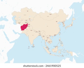 Mapa rojo resaltado de AFGANISTÁN dentro del mapa político detallado rojo claro de Asia usando proyección ortográfica sobre fondo blanco y azul