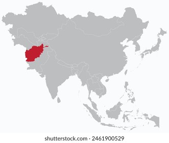 Mapa rojo resaltado de AFGANISTÁN dentro del mapa político en blanco gris detallado de Asia sobre fondo azul claro, sin Oriente Medio y Rusia