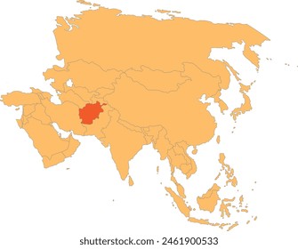 Highlighted red map of AFGHANISTAN inside orange detailed political map of Asia using orthographic projection on transparent background