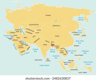 Mapa rojo resaltado de BANGLADESH dentro de naranja detallado mapa etiquetado de Asia usando proyección ortográfica sobre fondo azul