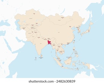 Mapa rojo resaltado de BANGLADESH dentro del mapa político detallado rojo claro de Asia usando proyección ortográfica sobre fondo blanco y azul