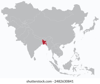 Mapa rojo resaltado de BANGLADESH dentro del mapa político en blanco detallado en gris de Asia sobre fondo azul claro, sin el Medio Oriente y Rusia