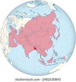 Highlighted red map of BANGLADESH inside red detailed blank political map of Asia using orthographic projection of the Globe