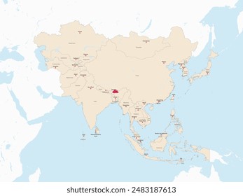 Mapa rojo resaltado de BUTÁN dentro del mapa político detallado rojo claro de Asia usando proyección ortográfica sobre fondo blanco y azul