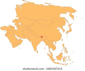 Highlighted red map of BHUTAN inside orange detailed political map of Asia using orthographic projection on transparent background