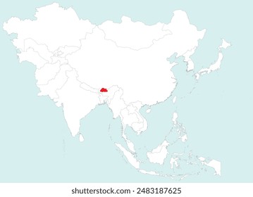 Highlighted red map of BHUTAN inside white detailed blank political map of Asia on blue background, without the Middle East and Russia
