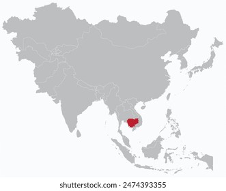 Hervorgehobene rote Karte von KAMBODSCHA innerhalb Grau Detaillierte leere politische Karte von Asien auf hellblauem Hintergrund, ohne den Nahen Osten und Russland