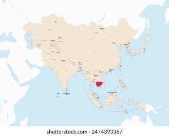 Mapa rojo resaltado de CAMBOYA dentro del mapa político detallado rojo claro de Asia usando proyección ortográfica sobre fondo blanco y azul