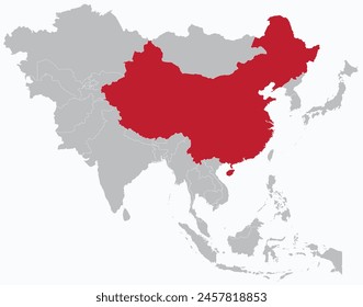 Mapa rojo resaltado de CHINA dentro gris mapa político en blanco detallado de Asia sobre fondo azul claro, sin Oriente Medio y Rusia