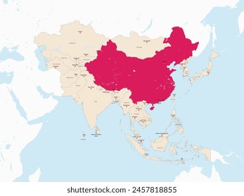 Mapa rojo resaltado de CHINA dentro del mapa político detallado rojo claro de Asia usando proyección ortográfica sobre fondo blanco y azul