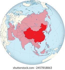 Highlighted red map of CHINA inside red detailed blank political map of Asia using orthographic projection of the Globe