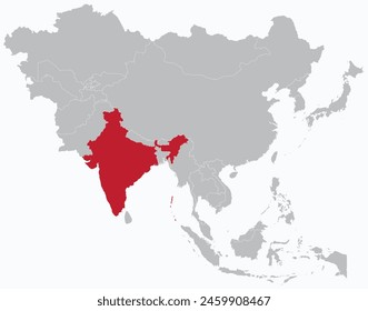 Mapa rojo resaltado de INDIA dentro gris mapa político detallado en blanco de Asia sobre fondo azul claro, sin Oriente Medio y Rusia