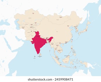 Mapa rojo resaltado de INDIA dentro del mapa político detallado rojo claro de Asia usando proyección ortográfica sobre fondo blanco y azul