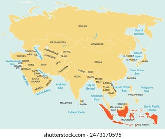 Highlighted red map of INDONESIA inside orange detailed tagged map of Asia using orthographic projection on blue background