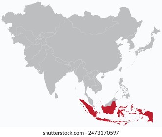 Mapa rojo resaltado de INDONESIA dentro del mapa político en blanco detallado gris de Asia sobre fondo azul claro, sin Oriente Medio y Rusia