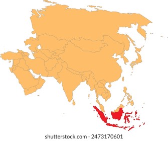 Highlighted red map of INDONESIA inside orange detailed political map of Asia using orthographic projection on transparent background