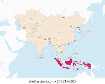 Mapa rojo resaltado de INDONESIA dentro del mapa político detallado rojo claro de Asia usando proyección ortográfica sobre fondo blanco y azul