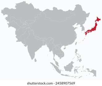 Mapa rojo resaltado de JAPÓN dentro gris mapa político detallado en blanco de Asia sobre fondo azul claro, sin Oriente Medio y Rusia