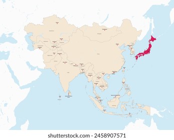 Mapa rojo resaltado de JAPÓN dentro del mapa político detallado rojo claro de Asia usando proyección ortográfica sobre fondo blanco y azul