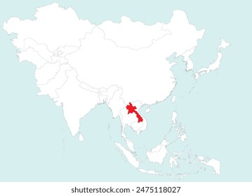 Highlighted red map of LAOS inside white detailed blank political map of Asia on blue background, without the Middle East and Russia