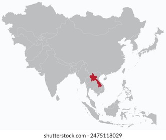 Mapa rojo resaltado de LAOS dentro gris mapa político en blanco detallado de Asia sobre fondo azul claro, sin Oriente Medio y Rusia