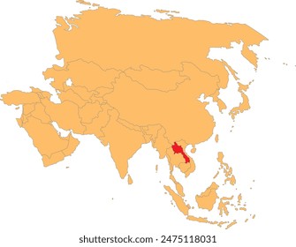 Highlighted red map of LAOS inside orange detailed political map of Asia using orthographic projection on transparent background
