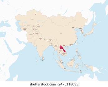 Mapa rojo resaltado de LAOS dentro del mapa político detallado rojo claro de Asia usando proyección ortográfica sobre fondo blanco y azul