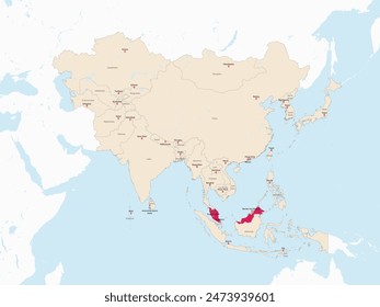 Mapa rojo resaltado de MALASIA dentro del mapa político detallado rojo claro de Asia usando proyección ortográfica sobre fondo blanco y azul