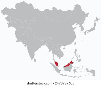 Mapa rojo resaltado de MALASIA dentro del mapa político en blanco detallado gris de Asia sobre fondo azul claro, sin Oriente Medio y Rusia